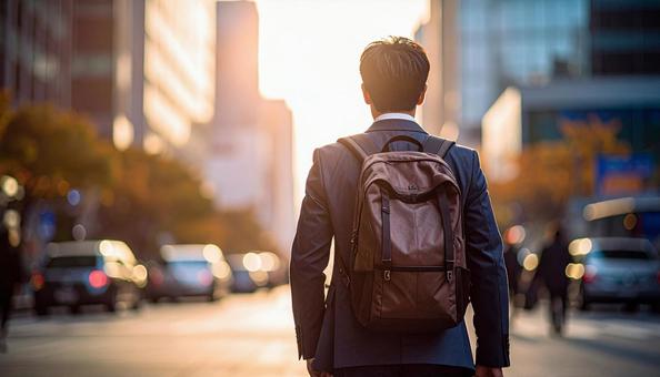 街中を通勤で歩いていくリュック姿の男性 街中を通勤で歩いていくリュック姿の男性の写真