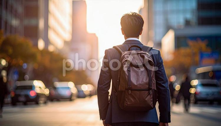 街中を通勤で歩いていくリュック姿の男性 ビジネスマン,男性,スーツの写真素材