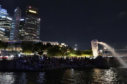 クルーズ船からみたマーライオン クルーズ船からみたマーライオン シンガポール,マーライオン,夜景の写真素材