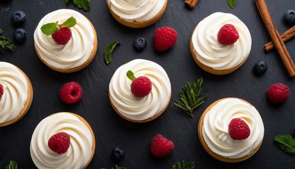 ベリーとクリームがのったカップケーキ ベリーとクリームがのったカップケーキの写真