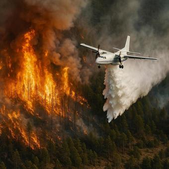 山火事に放水する消防飛行機(空中消火) 山火事に放水する消防飛行機(空中消火)の写真