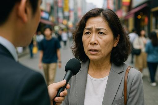 街頭で答える女性 街頭で答える女性の写真
