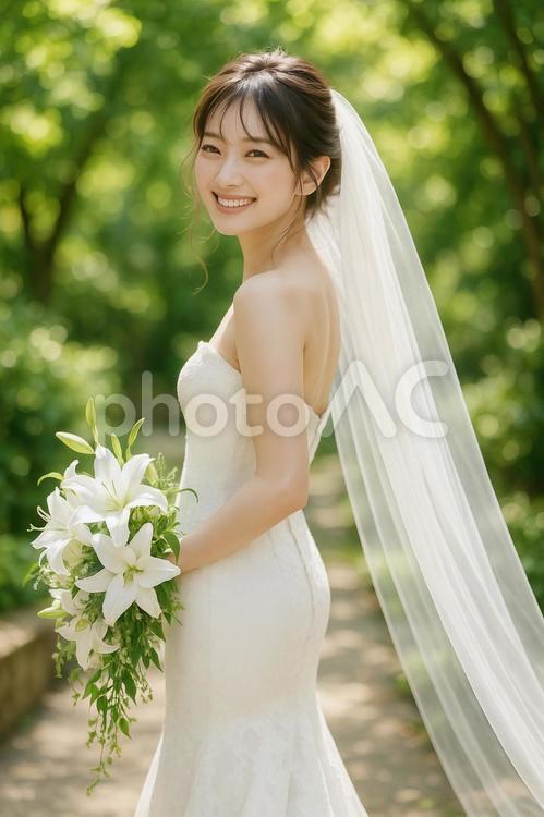 ガーデンウェディングで夢を叶える新婦 花嫁,新婦,ブライダルの写真素材