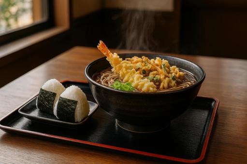 天ぷらそばの大盛りとおにぎりセット 天ぷらそばの大盛りとおにぎりセットの写真