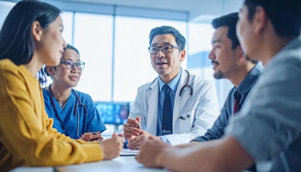治験の説明会で患者へ詳細を説明する医師 治験の説明会で患者へ詳細を説明する医師の写真