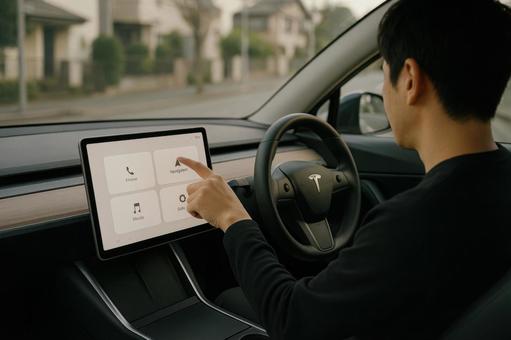 車内でタブレットを操作する男性の様子 車内でタブレットを操作する男性の様子の写真