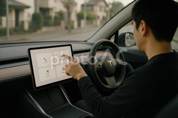 車内でタブレットを操作する男性の様子 電気自動車,ev,車内の写真素材