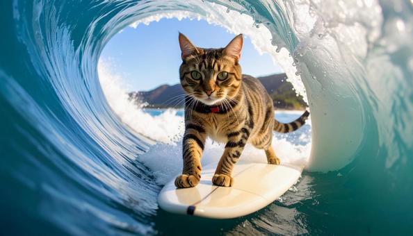 サーフィンをしていてチューブの中にる猫 サーフィンをしていてチューブの中にる猫の写真