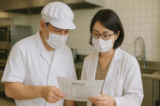 栄養士と献立表を確認する調理師の写真