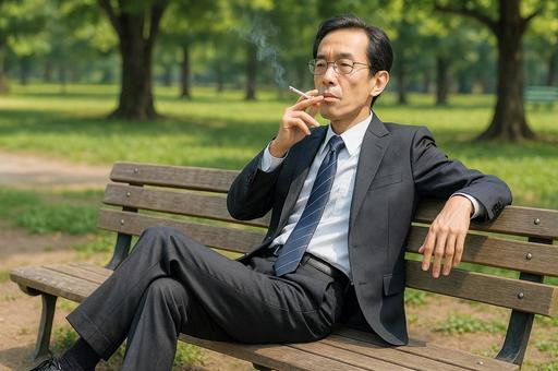 公園のベンチでタバコを吸う男性 公園のベンチでタバコを吸う男性の写真