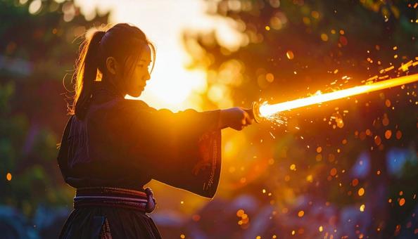 火花を散らし光り輝く剣の修行をする少女A 火花を散らし光り輝く剣の修行をする少女Aの写真