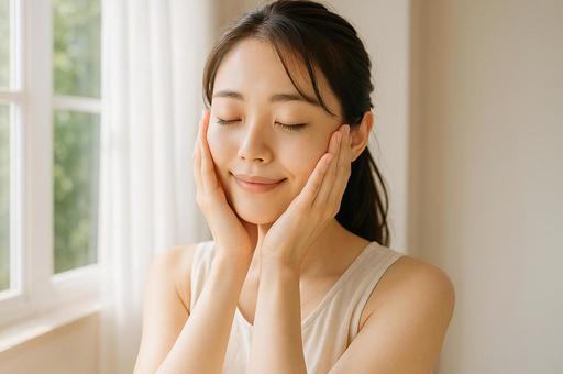 基礎化粧品が浸透するのを実感する女性 基礎化粧品が浸透するのを実感する女性の写真