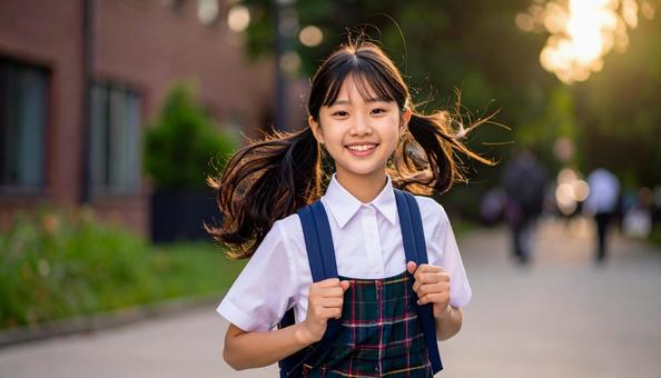 通学で風に髪が揺れる女子学生の写真