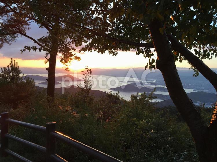 木漏れ日 夕日,夕焼け,風景の写真素材