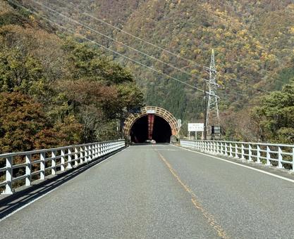 秋の山奥の道路　福井県大野市九頭竜川周辺 スノーシェッド,トンネル,道路の写真素材