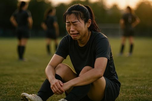 涙を流す女子サッカー選手 涙を流す女子サッカー選手の写真
