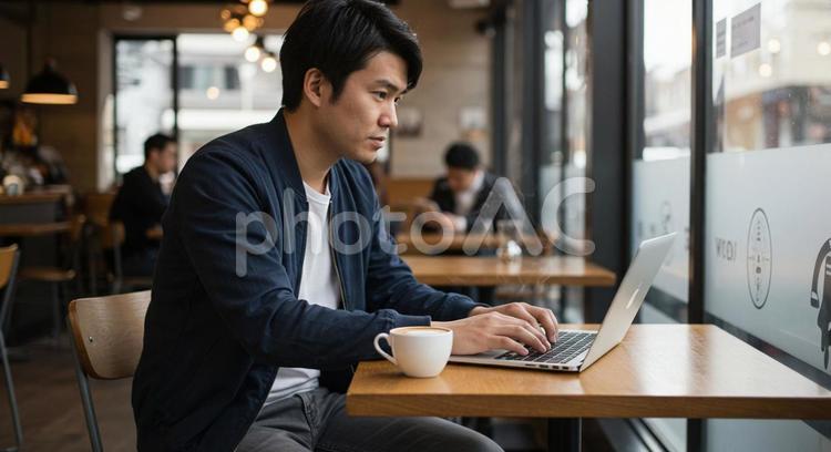 ノマドワーカーがカフェで仕事中 ノートパソコン,最先端,aiの写真素材