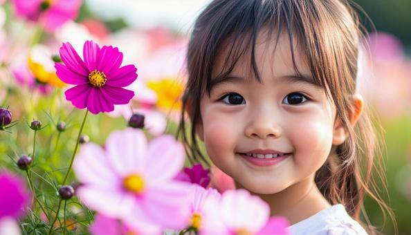 かわいい少女のポートレート コスモスの花 かわいい少女のポートレート コスモスの花の写真