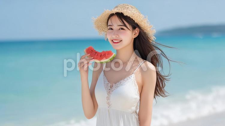 夏に麦わら帽子の女性がスイカを食べている 夏,女性,海の写真素材