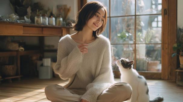 猫と女性 猫と女性の写真