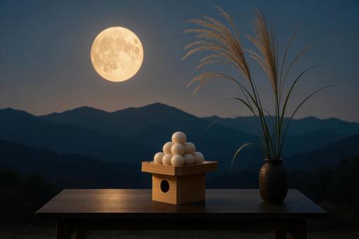 山並みの上に昇る満月と団子供え 山並みの上に昇る満月と団子供えの写真