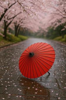 赤い和傘と桜雨 赤い和傘と桜雨の写真