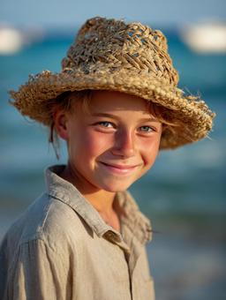 麦わら帽子を被った外国人の男の子の写真