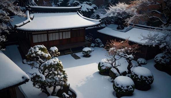 大雪が降った翌日の朝の日本庭園 大雪が降った翌日の朝の日本庭園の写真