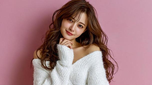 白ニットで肩を出したおしゃれな女性 白ニットで肩を出したおしゃれな女性の写真
