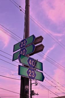 路線番号表示と夕方の空 路線番号表示と夕方の空 路線番号,標識,道路の写真素材