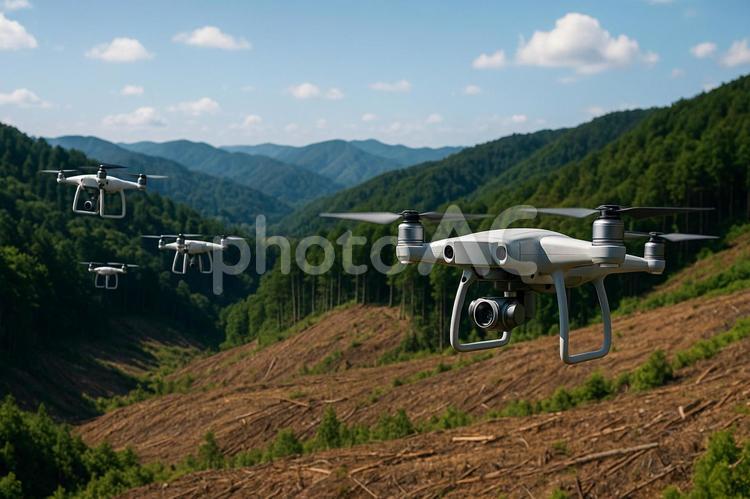 ドローン測量編隊空撮 ドローン,山林,森林の写真素材