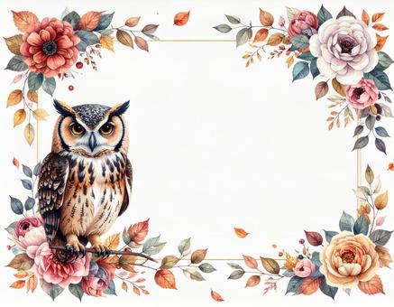 梟と秋風のボタニカルなフレームの写真