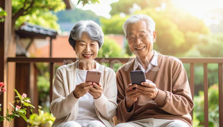 スマホを楽しむシニア夫婦 シニア女性,スマートフォン,シニア男性の写真素材