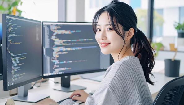 プログラミングをする女性エンジニア プログラミングをする女性エンジニアの写真