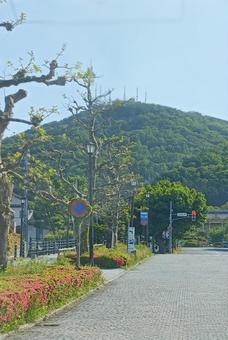 函館市の坂道から見る函館山の写真
