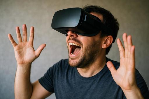 VRゴーグルの体験に驚く男性ポートレート VRゴーグルの体験に驚く男性ポートレートの写真