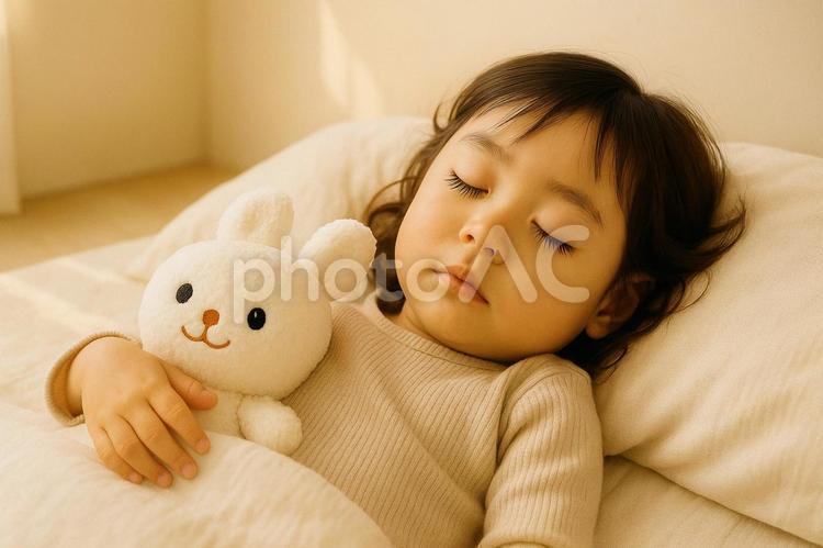 ぬいぐるみと眠る子ども 子ども,睡眠,お昼寝の写真素材