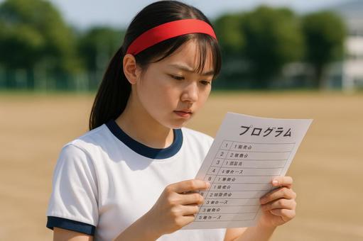 プログラムを手にした女子高校生 プログラムを手にした女子高校生の写真