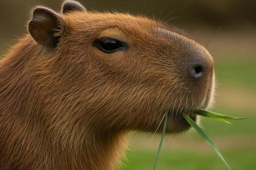 草を口にくわえるカピバラのアップ 草を口にくわえるカピバラのアップの写真