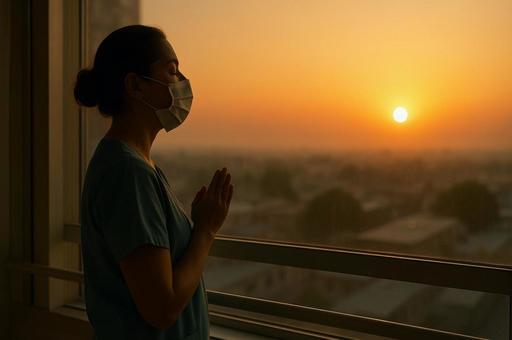 夕焼けに祈る看護師 夕焼けに祈る看護師の写真