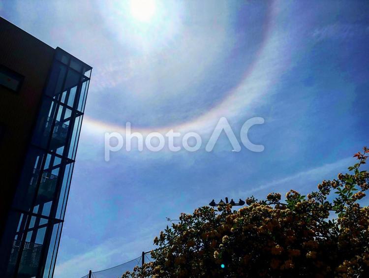 日差しの強い空と建物 太陽,光,夏の写真素材