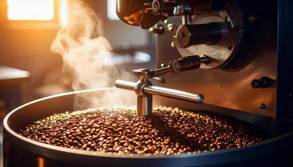 焙煎機の中で焙煎されるコーヒー豆 焙煎機の中で焙煎されるコーヒー豆の写真