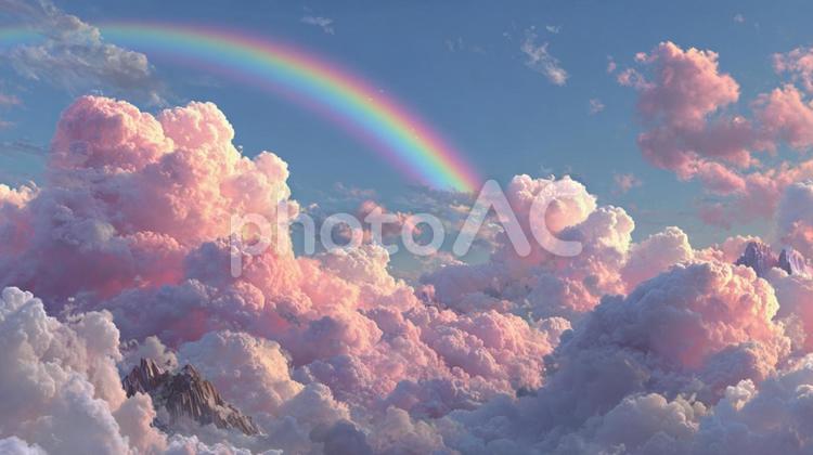 朝日（または夕日）に染まる雲と虹の絶景 虹,パステルカラー,空の写真素材