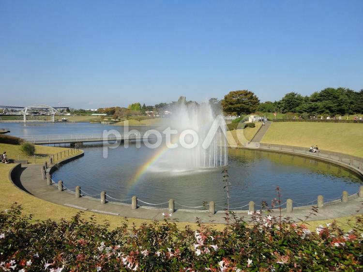 小さな感動 虹,池,噴水の写真素材