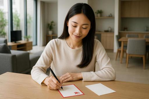 年賀状を書く女性 年賀状を書く女性の写真