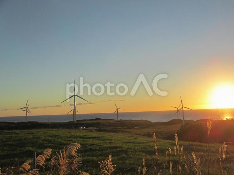 夕暮れの風車の丘1 風車,風力発電,夕暮れの写真素材