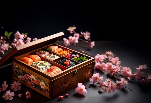 重箱に詰まった寿司の弁当の写真