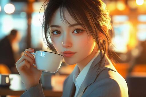 カフェでくつろぐ美しい日本女性の写真
