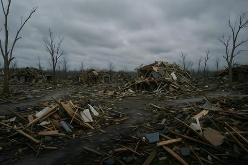 竜巻被災地の瓦礫原 竜巻被災地の瓦礫原の写真