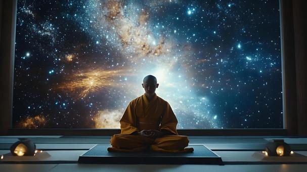 A view of the universe in front of a meditating monk, prayer, meditation, monk, JPG